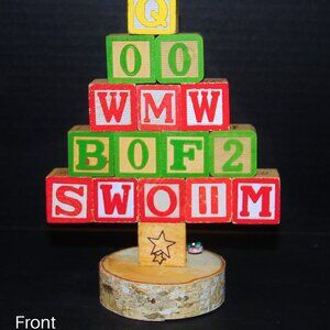 VTG Wooden Alphabet Blocks Christmas Tree 16 Block Shelf Sitter Birch Base